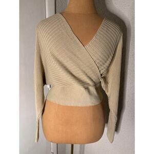 PrettyLittleThing Stone Wrap Off Shoulder Jumper Sweater M NEW Cozycore Comfy